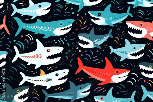 Sharks quirky doodle pattern  wallpaper  background  cartoon  vector  whimsical Illustration