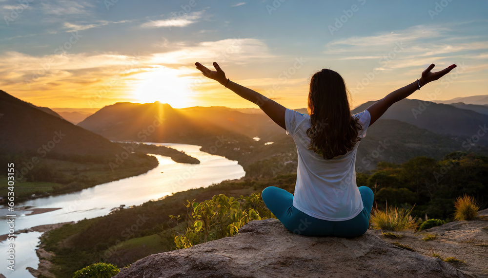 woman on her back with open arms enjoying nature and mountains