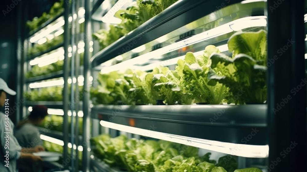 Leafy vegetables growing in hydroponic greenhouse, Vertical farming is sustainable agriculture for future food.
