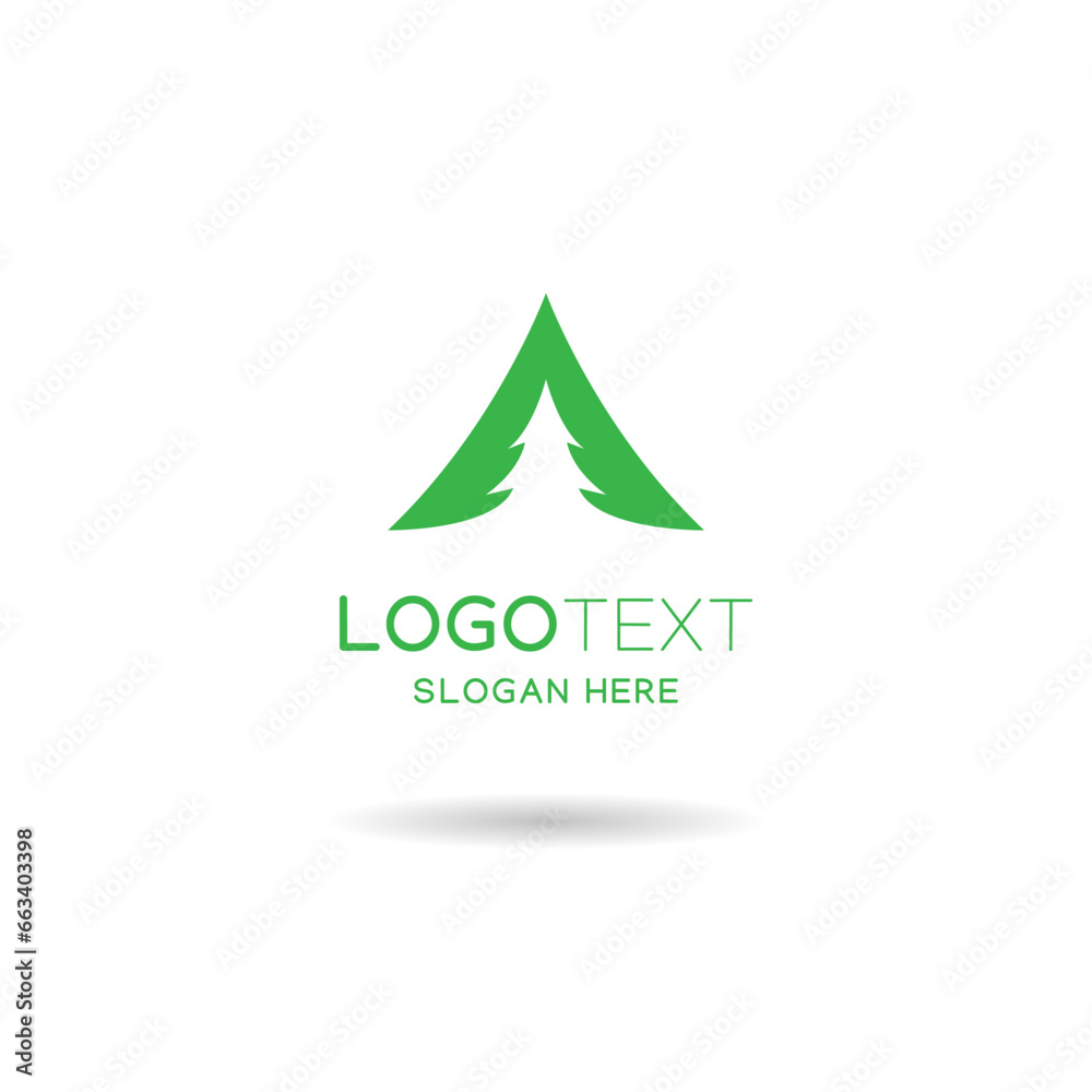 Camping logo with mountain and pine tree illustration in green color. Camping logo with mountain and pine tree illustration in green color.