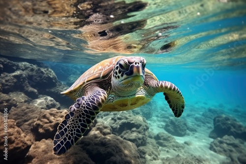 Green turtle at the seawater. © MdDin