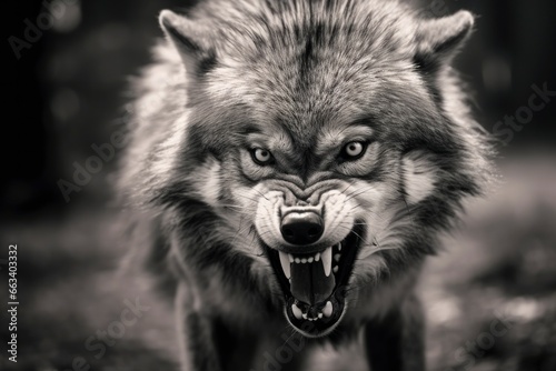 Greyscale closeup shot of an angry wolf with a blurred background.