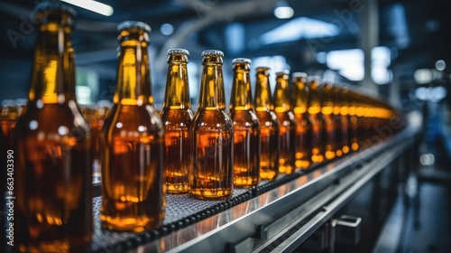 Glass beer bottles on conveyor belt in factory production of beer.