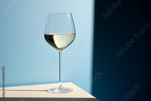 glass of white wine on blue background photo