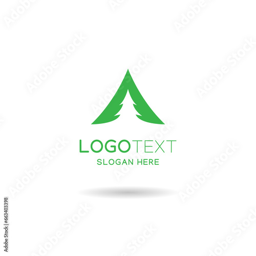 Camping logo with mountain and pine tree illustration in green color.