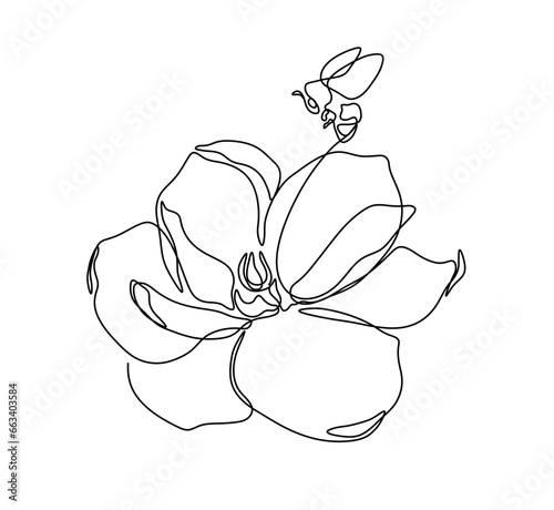 Vector isolated beautiful flower with bee bumblebee one single contemporary line art colorless black and white contour line easy drawing
