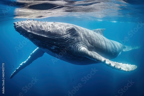Young Humpback Whale In Blue Water.