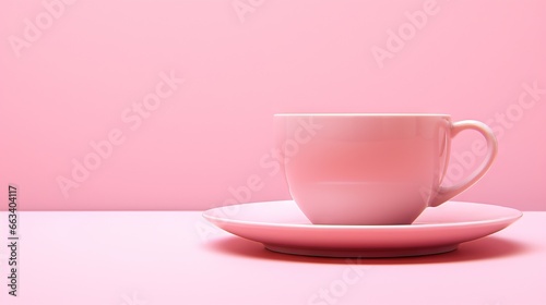  a pink coffee cup and saucer on a pink plate. generative ai