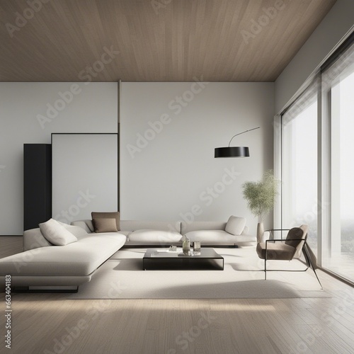 Stylish apartment interior with modern kitchen. Idea for home design, Stylish scandinavian living room interior with design mint sofa, furnitures, mock up poster map Generative AI