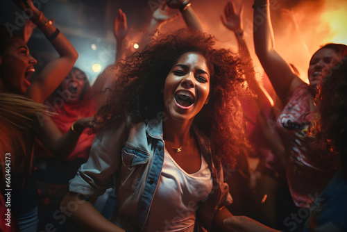 Young cheerful woman having fun dancing in a disco