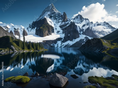 Una majestuosa cadena monta  osa  con picos nevados que se elevan hacia el cielo  rodeada de frondosos bosques verdes y lagos cristalinos