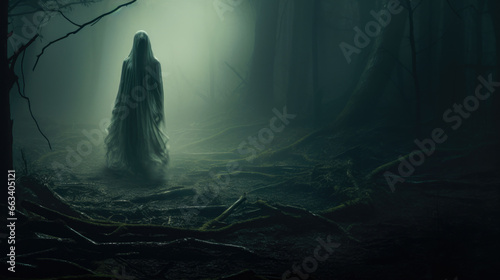 A solitary phantom floats through a foggy forest photo