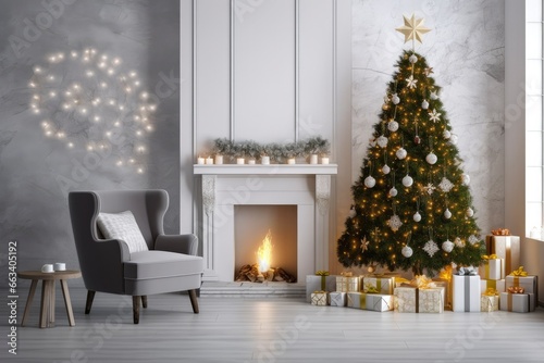 Modern Living Room With Fireplace, Christmas Tree, Gift Boxes And Armchair. © MdDin