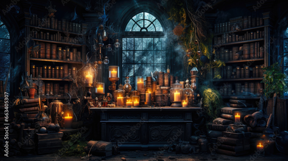 Witch's apothecary filled with mysterious potions and spell books