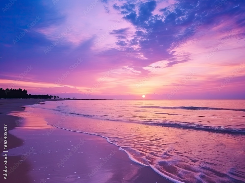 Summer beach with blue water and purple sky at the sunset.