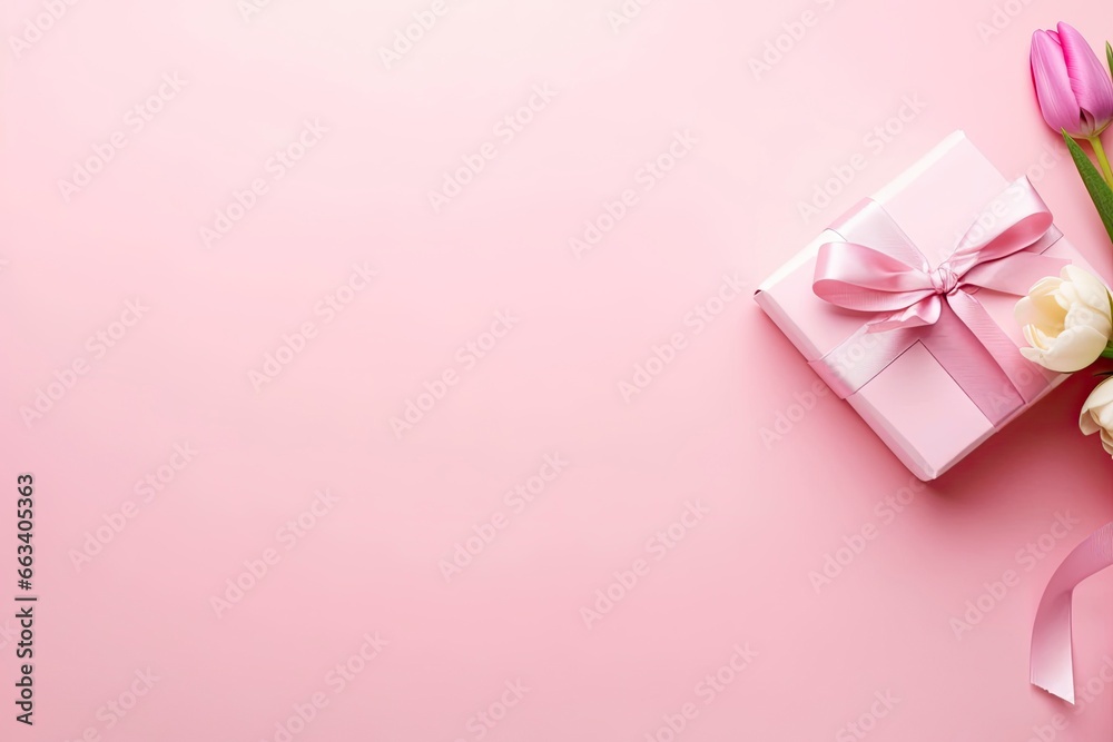 Pink gift box with ribbon bow and bouquet of tulips on isolated pastel pink background.