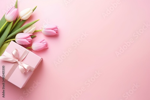 Pink gift box with ribbon bow and bouquet of tulips on isolated pastel pink background.