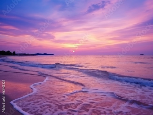 Summer beach with blue water and purple sky at the sunset.