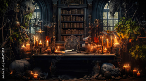 Witch's apothecary with candles and mysterious spell books
