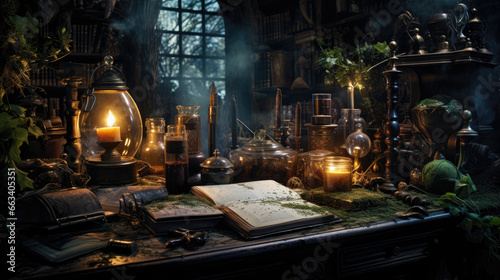 Witch's apothecary table with mysterious potions and spell books