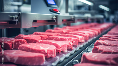 Raw meat cuts on a industrial conveyor belt, Meat processing in food industry. photo