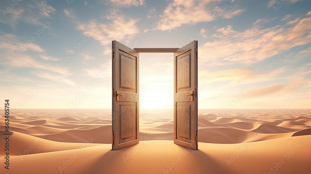 The opened door on the desert. Unknown and start up concept. - obrazy, fototapety, plakaty 