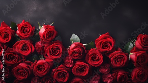  a bunch of red roses on a black background with leaves.  generative ai