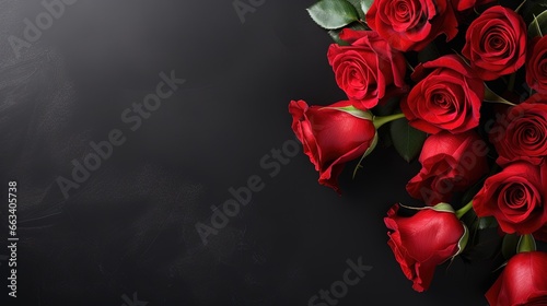  a bunch of red roses on a black background with space for text.  generative ai