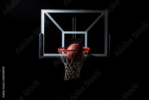 Isolated basketball hoop and ball on black background. Generative AI © Ryleigh