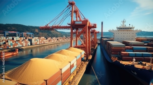 Transportation of food grains by boat, Port logistics, Grain deal concept. photo