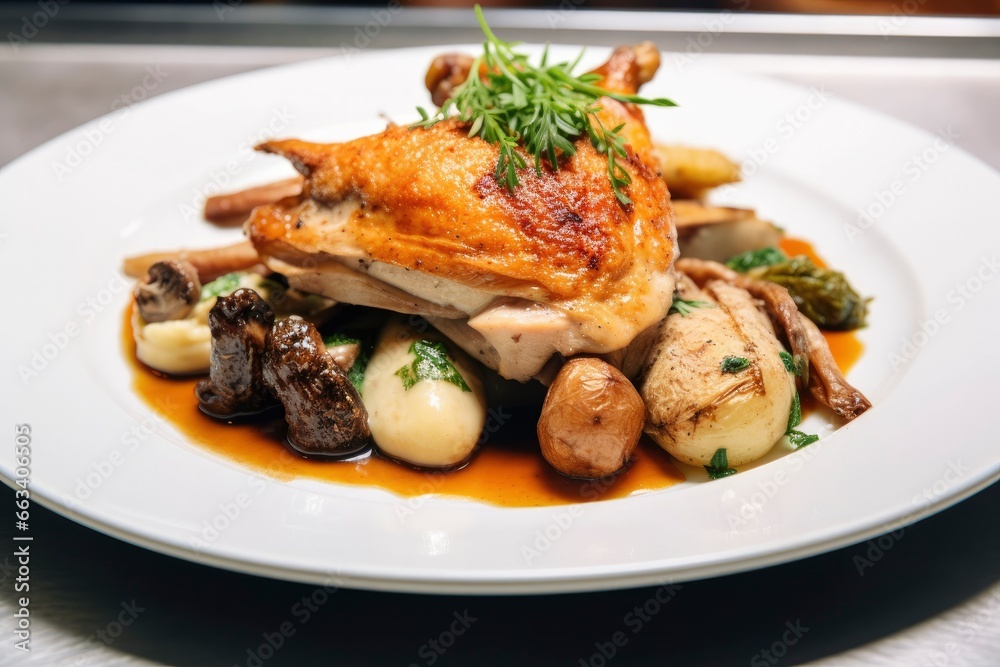 Plated chicken roast dinner on a white plate with carrot and morel mushroom.