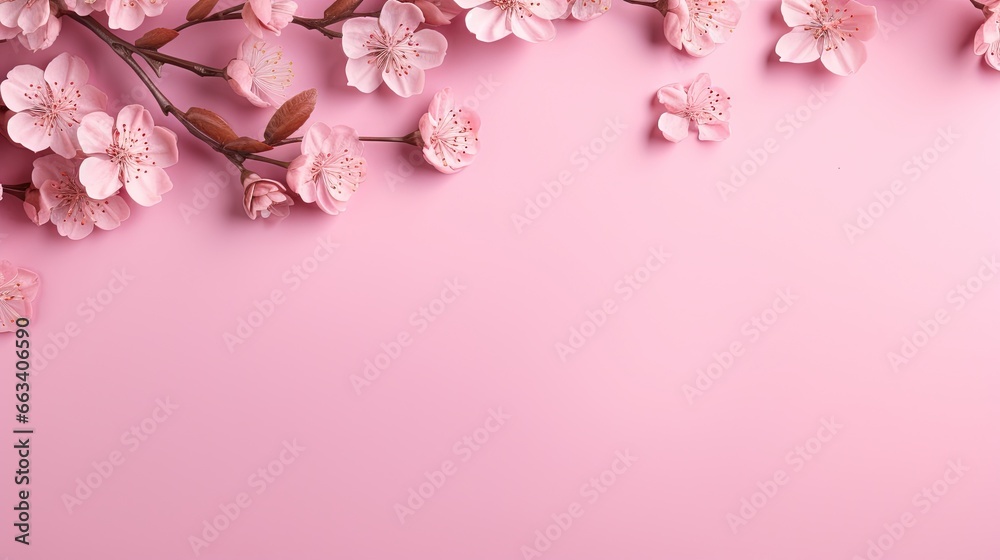  a pink background with pink flowers on the branches of a tree.  generative ai