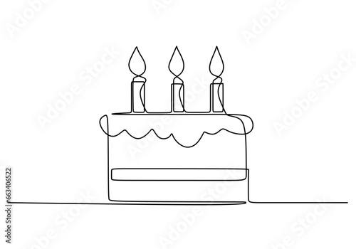 Birthday cake continuous line drawing. One line art celebration object with candle. Concept for holiday decoration
