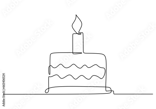 Continuous line drawing of a birthday cake with candle