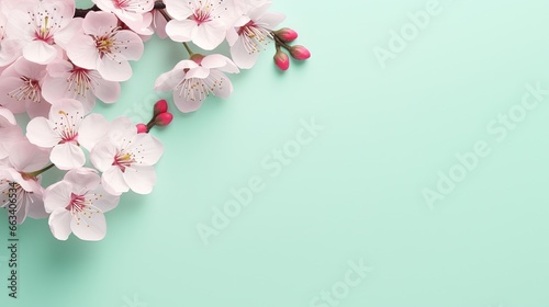  a bunch of pink flowers on a green background with space for text.  generative ai