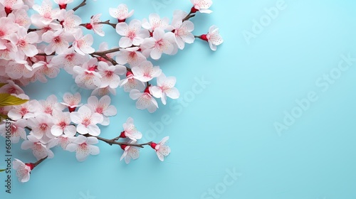  a branch of a cherry tree with pink flowers on a blue background. generative ai