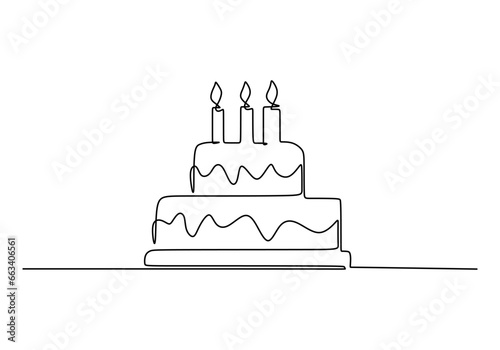 Birthday cake continuous line drawing. One line art celebration object with candle. Concept for holiday decoration