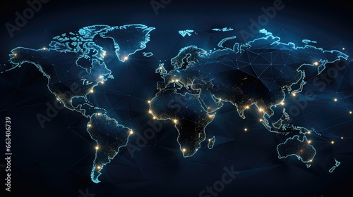 Map background, neon dark blue background, connection business concept.