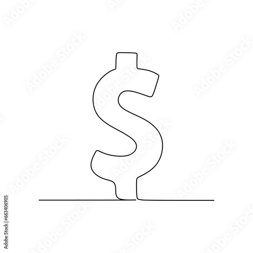 Continuous line drawing of dollar. One contour symbol of money and US financial