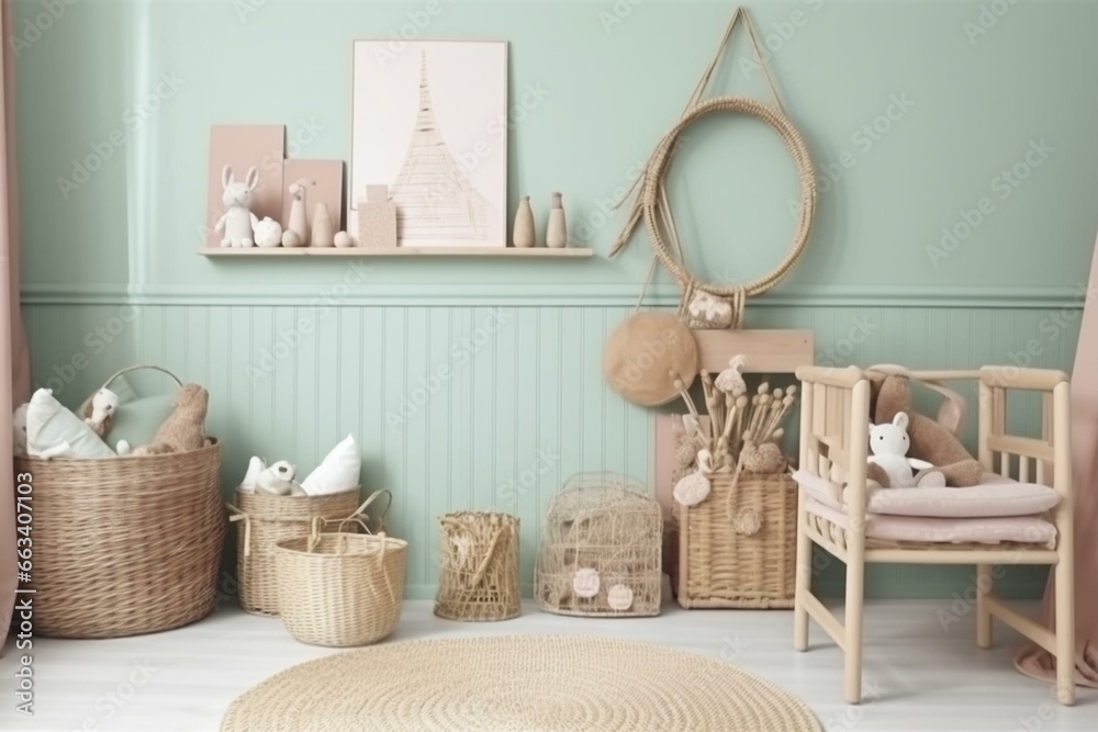 Poster in children's room with pastel color scheme and wicker and wooden toys. Generative AI - obrazy, fototapety, plakaty 