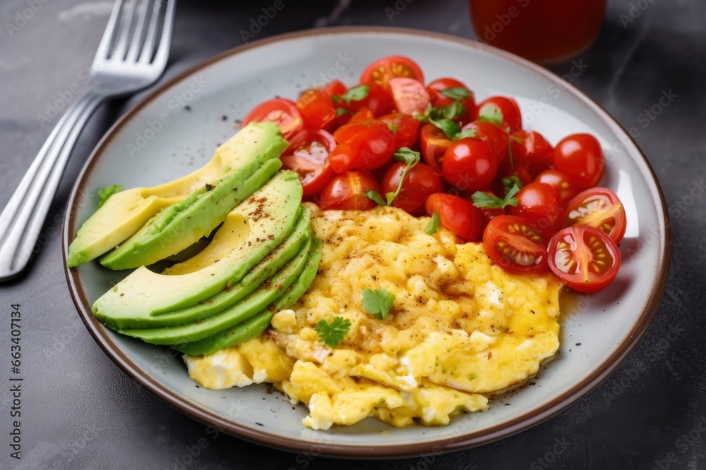 Scrambled eggs with cherry tomatoes and avocado.