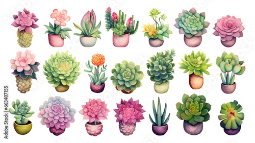 Watercolor succulents set isolated on white background. Watercolor hand drawn illustration