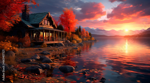 Last beautiful autumn wallpaper. orange style. water. Wonderful outdoor scene of mountain valley © Enrique