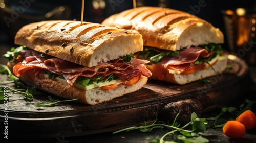 Delicious sandwiches with prosciutto and cheese served on table.