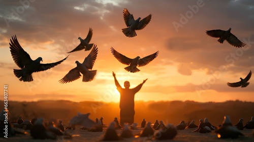 Silhouette of pigeon flying out two hands in air sunset background. Freedom making merit concept. Nature animal people hope pray holy faith. International Day of Peace theme. Generative AI.