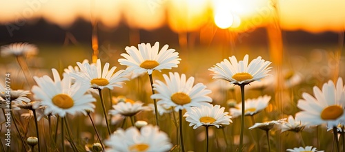 The landscape of white daisy blooms in a field with the focus. © MdDin