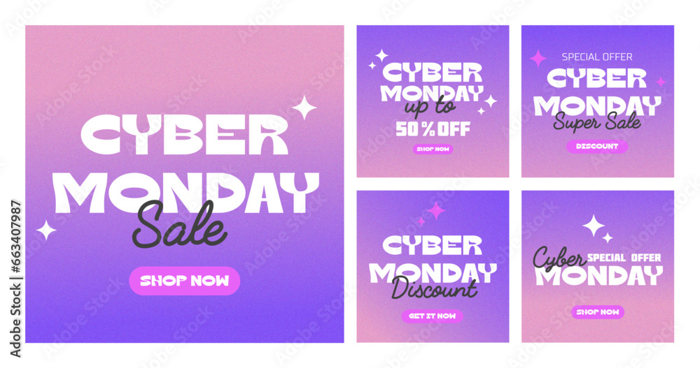 Set of five modern cyber Monday templates, banners, backgrounds. Trendy abstract y2k covers ideal for posts, online promotions, shopping and business. Vector illustrations with grainy texture. Set of five modern cyber Monday templates, banners, backgrounds. Trendy abstract y2k covers ideal for posts, online promotions, shopping and business. Vector illustrations with grainy texture.