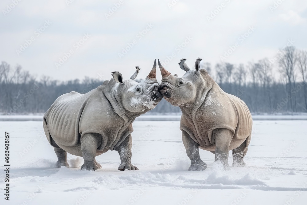 Fototapeta premium Two Rhinoceros getting ready for fight on Ice.