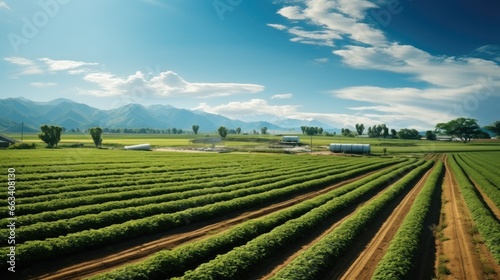Agricultural field, Sprawling agricultural farm with fields of crops.