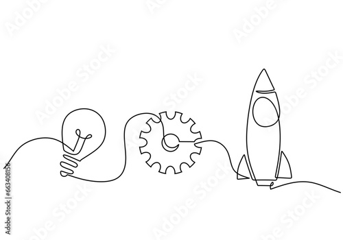 Strategy creative continuous line drawing. Light bulb, gear, and rocket objects. Symbol of business startup